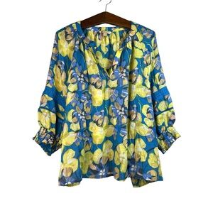 Hope & Harlow Women’s Blue Yellow Floral Boho Balloon Sleeve Blouse Size 3X